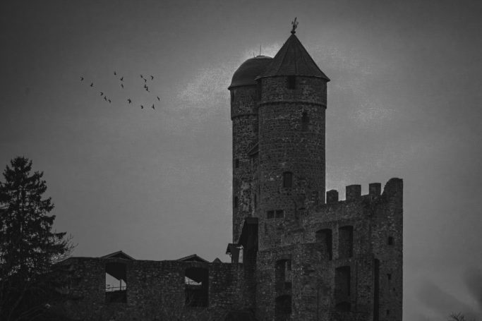 Dunkles Schloss mit Turm und Vögeln, die am Himmel fliegen.