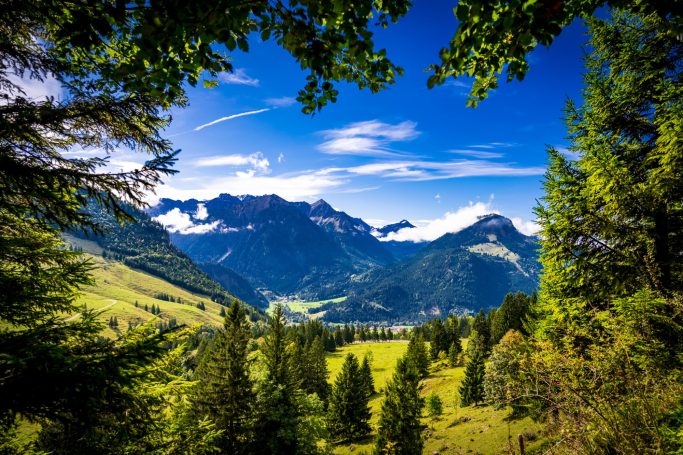 Berglandschaft mit grünen Wiesen, Wäldern und majestätischen Gipfeln unter blue sky.